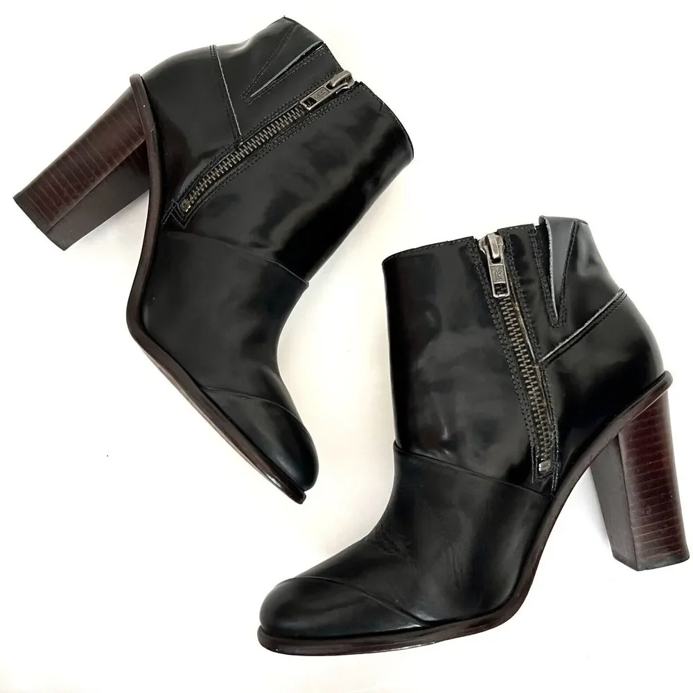 Tibi Leather Patent Contrast Black Booties Block Heels Zipper Sz 35.5 US 5.5